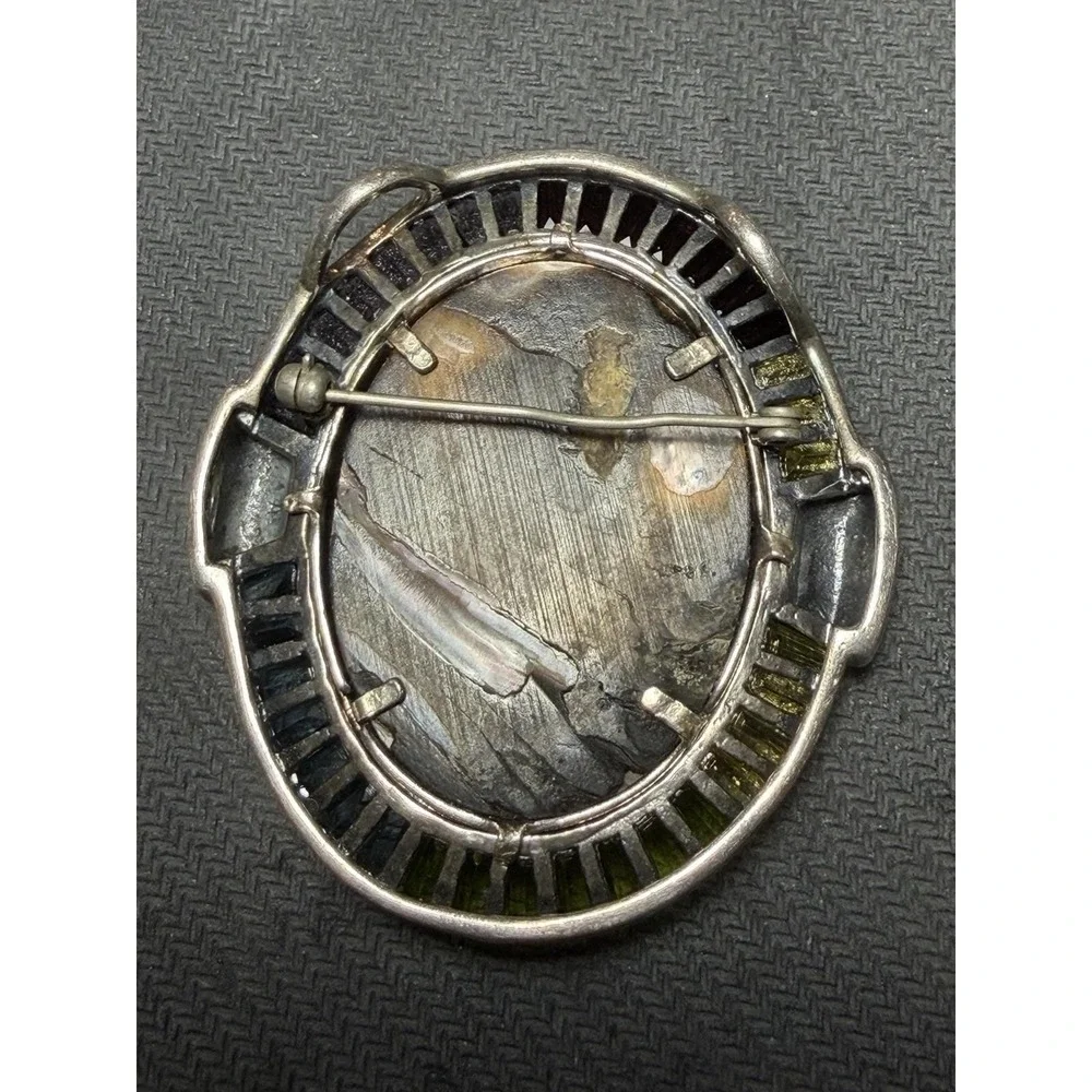 Vintage 925 Sterling Silver Cameo Brooch‎ Pendant MOP Marcasite 37g